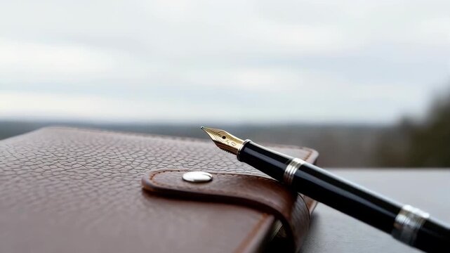 Leather Bound Journal and Gold Tipped Fountain Pen Resting on a Table with a Blurred Overcast Sky Background