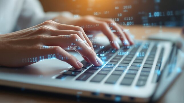 Typing on laptop keyboard for data analysis and cybersecurity with binary code overlay for seo boost