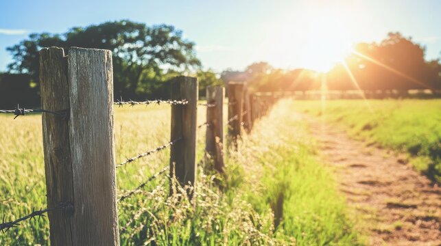 Weathered wooden fence in a sunny rural field
