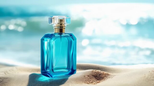 Luxury Blue Glass Perfume Bottle on Sandy Beach with Ocean Waves and Sunlight Reflection