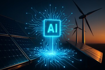 AI powers clean energy with solar panels and wind turbines for sustainable future