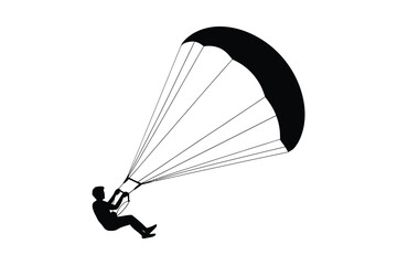 Silhouette of a person paragliding against a white background