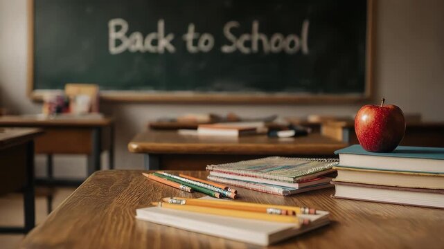 Red apple on stack of books and notebooks in classroom with back to school chalkboard
