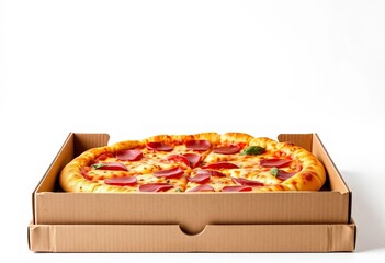 A cardboard pizza box sits alone on a white background,  paper,  restaurant