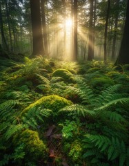 Obraz premium Lush green ferns blanket the forest floor, illuminated by soft sunlight filtering through tall trees, creating a serene and tranquil natural environment