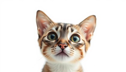 Fototapeta premium A curious cat stares directly at the camera, isolated on a pure white background, portrait, cute