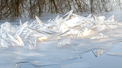 Jagged Ice Formations on a Frozen Pond in Winter Sunlight