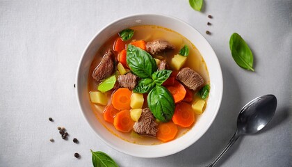 colorful beef and vegetable soup with basil leaves in white bowl on light background top view