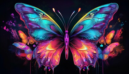 colorful butterflies with neon splashes and abstract patterns on black background digital art featuring vibrant colors and glowing details generative ai