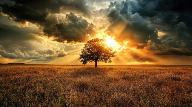Lone tree in a field with sunlight breaking through dramatic clouds