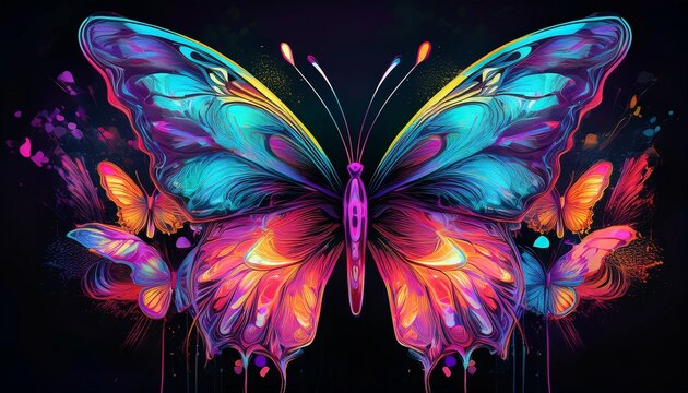 colorful butterflies with neon splashes and abstract patterns on black background digital art featuring vibrant colors and glowing details generative ai