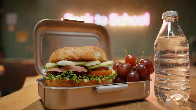 Healthy school lunch with sandwich grapes and water bottle in cafeteria with back to school sign
