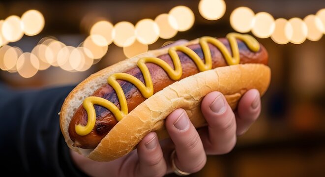 A photo realistic, mouth-watering close-up of a traditional Nuremberg Rostbratwurst, perfectly grilled and served in a bun with mustard, against a festive, blurred Christmas market background. 