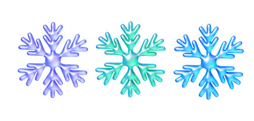 Holographic liquid snowflake set glossy bubble ice crystals with iridescent reflection blue turquoise and violet gradient. 3D render illustration
