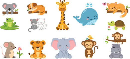 Cute animals cartoon illustration vector wildlife nature zoo animal set art © Aamir