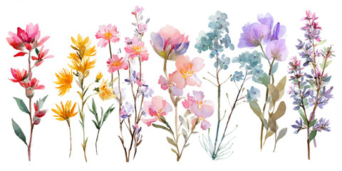 Delicate watercolor wildflowers in a vibrant spectrum of pastel colors on a white background