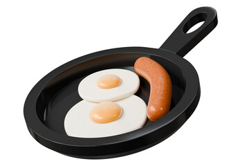 3d frying pan with eggs and sausage icon. breakfast brunch concept. Minimal cartoon egg pan skillet sausage for food app banner. isolated on white background. 3d render.