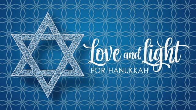 Love and light for hanukkah with star of david on blue patterned background
