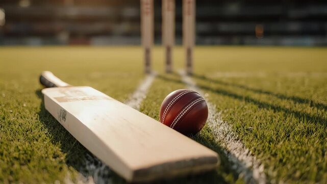 Cricket bat and ball on field with stumps in background under warm evening sunlight
