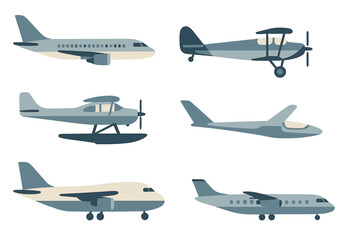 Set of six different aircraft profiles featuring passenger jets, propeller planes, and floatplanes