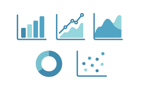 Essential set of five business data visualization charts and graphs including bar, line, and pie elements