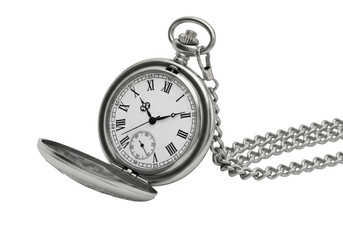 An antique silver pocket watch with roman numerals, showcasing its timeless elegance and intricate design isolated on transparent background
