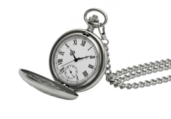 An antique silver pocket watch with roman numerals, showcasing its timeless elegance and intricate design isolated on transparent background
