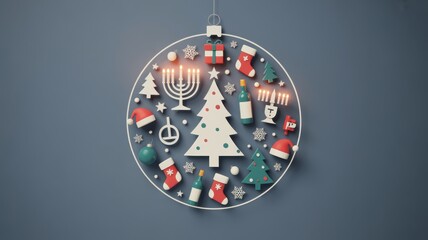 Obraz premium Festive christmas ornament with hanukkah and christmas symbols on blue background