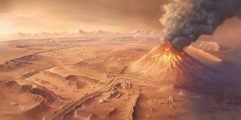 Active volcano erupting with lava and smoke overlooking desert canyons and ancient ruins