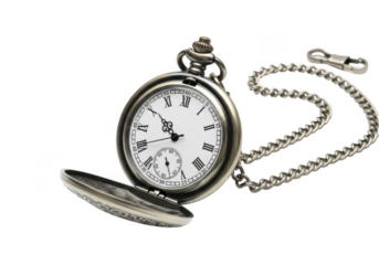 An antique silver pocket watch with roman numerals, showcasing its timeless elegance and intricate design isolated on transparent background