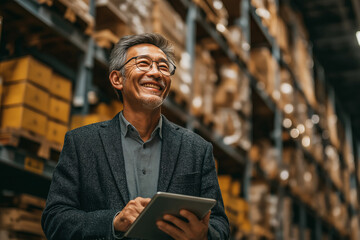 Asian businessman wearing glasses and suit standing smiling a happy holding tablet stand in a warehouse of background with copy space.