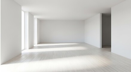 Bright and airy modern empty white hallway with natural light streaming in from large windows creating soft shadows on the floor