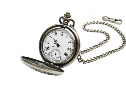 An antique silver pocket watch with roman numerals, showcasing its timeless elegance and intricate design isolated on transparent background - Powered by Adobe