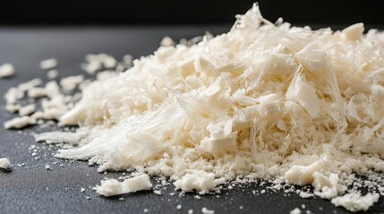 Pulverized glass fibers forming a pile on a dark surface