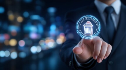 Data deletion concept with businessman touching digital trash can icon for privacy management system
