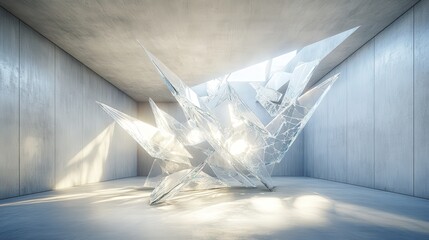 Shattered glass structure arranged inside a minimalist room