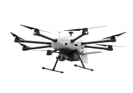 Professional octocopter drone isolated on transparent background, designed for industrial applications, offering stability and advanced capabilities