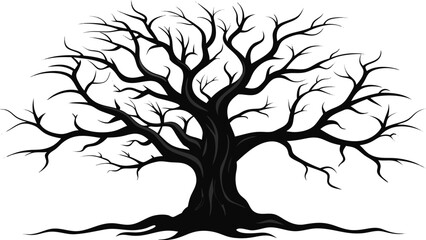 Silhouette of a large gnarled bare tree with sprawling roots