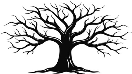 Silhouette of a large bare tree with intricate branches against a white background