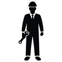Silhouette of a man in hard hat holding a wrench worker