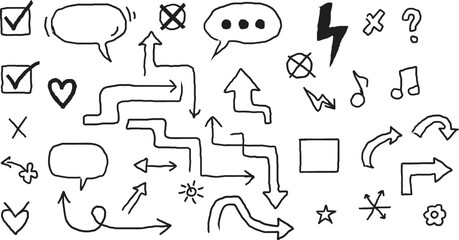 Hand-drawn doodle elements featuring arrows, shapes, and symbols for creative design projects