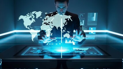 Futuristic businessman interacting with holographic global data interface analyzing financial 4K Ai HD video.	
 - Powered by Adobe