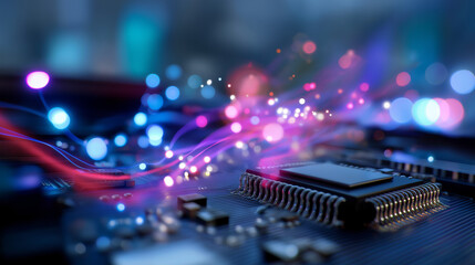 Defocused view of high-tech motherboard illuminated by shifting neon light, subtle bokeh and motion haze evoking digital energy flow, with copy space.