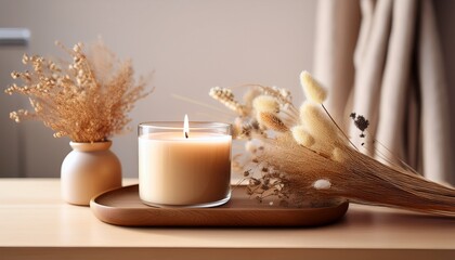 aroma candle on the table warm aesthetic composition with dry flowers cozy home comfort relaxation and wellness concept interior decoration mockup