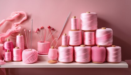 crafting supplies and pink threads displayed on pedestals