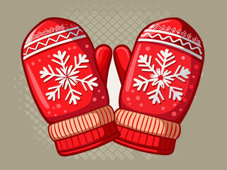 cozy knitted red mittens with snowflake pattern, realistic texture, vector style, isolated on monochrome background