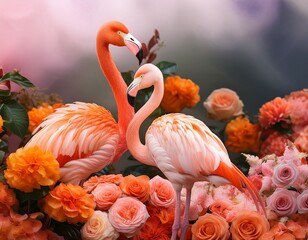 Naklejka premium exotic flamingos stand gracefully amidst soft pastel pink and orange flower wallpaper creating a serene and beautiful atmosphere