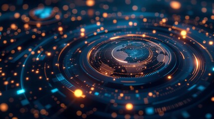 Abstract digital world technology background with glowing lights and futuristic earth map design