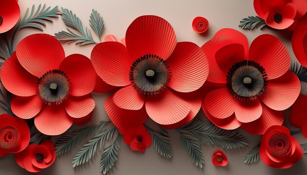 banner with paper cut red poppy flower symbol for remembrance memorial anzac day