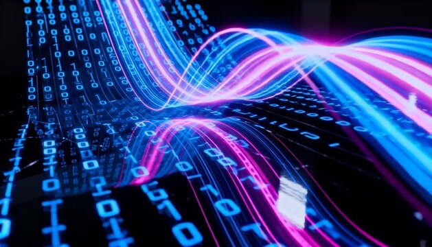 Dynamic close-up of flowing binary code streams, vibrant blue and pink lines moving across glossy black surface, futuristic dolly-in camera creating energetic high-tech atmosphere